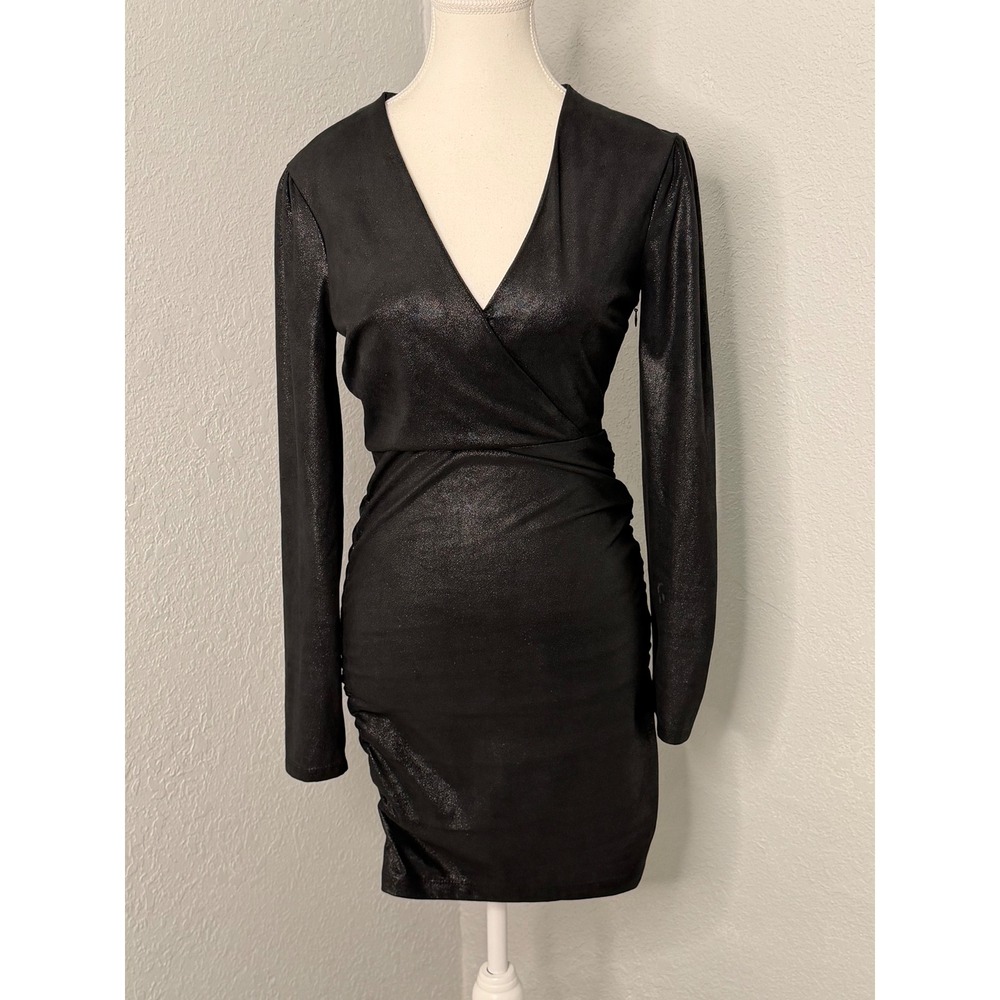 LIKELY Gwendolyn Black Metallic Ruched Wrap V-Neck Long Sleeve Mini Dress Size 2